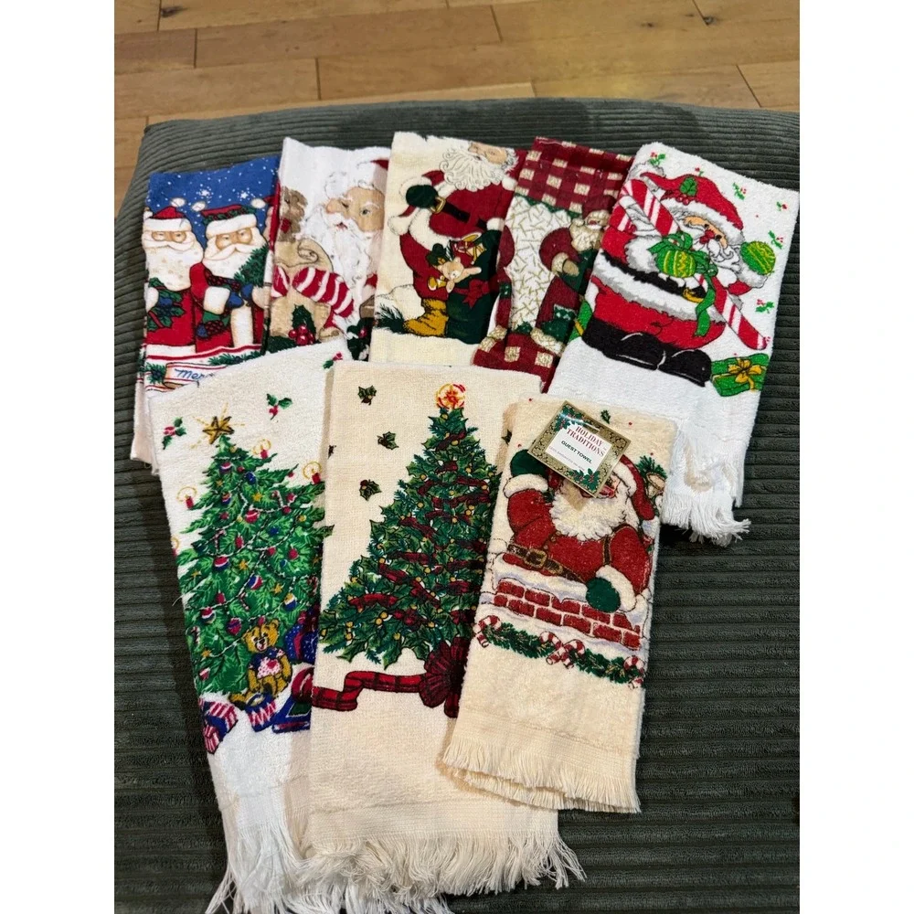 Vintage Holiday Traditions Set of 6 Guest Towels Santa Christmas‎ Trees Festive